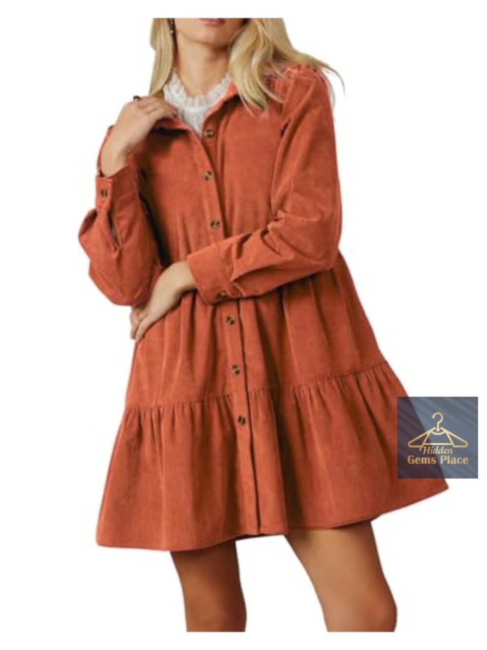 Corduroy Button Down Mini Babydoll Dress 100% Cotton Tiered Ruffle